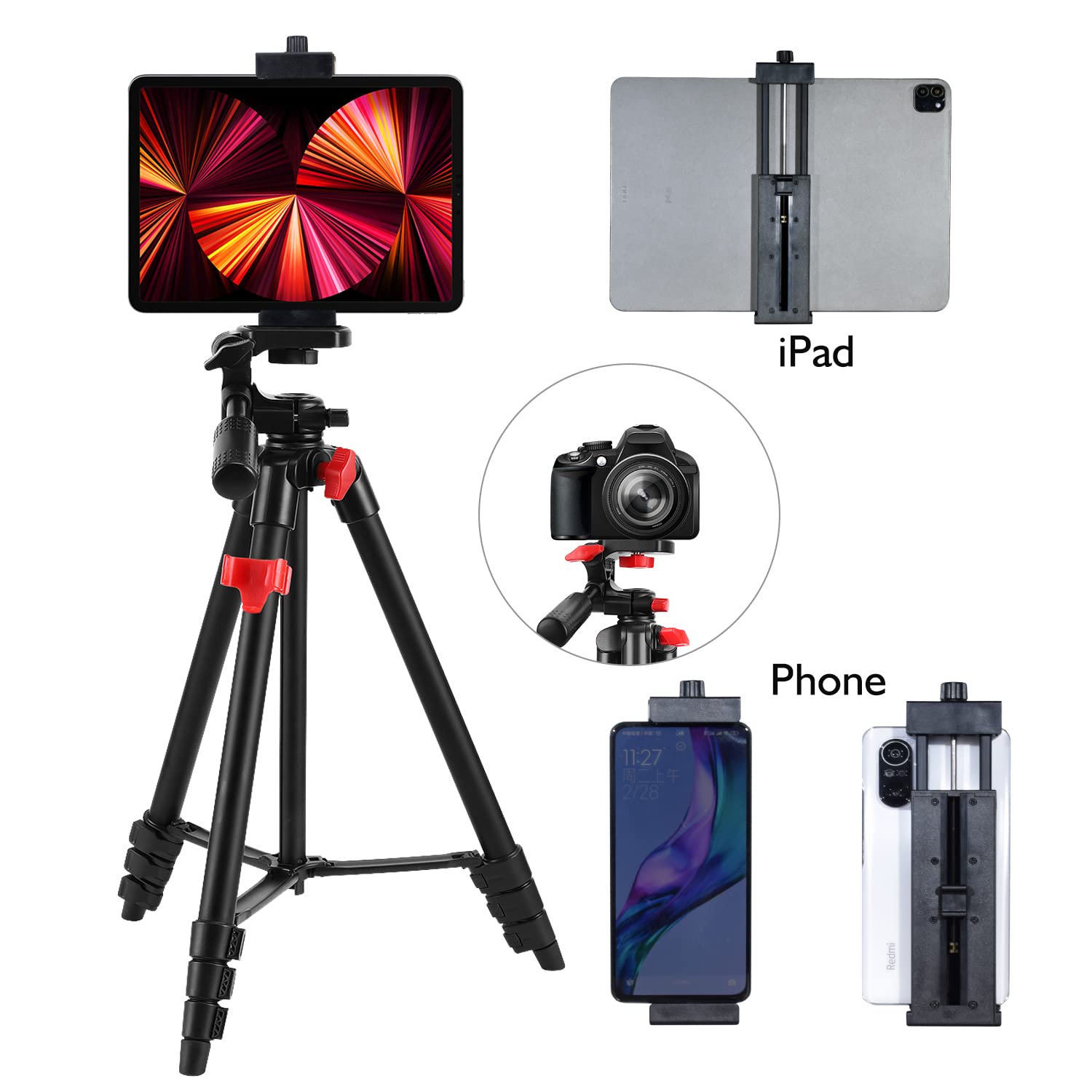 Teefeet Tablet Tripod 53 Inch Tripod For Ipad Aluminum Smartphone Tripod For Iphone Ipad Pro Camera Mobile Phone Lightweight Travel Selfie Stand Tripod Black