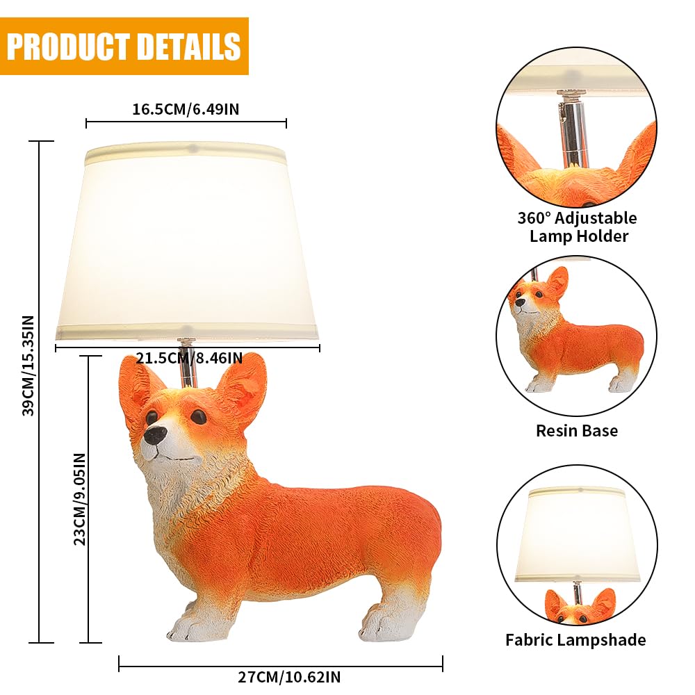 Yltlink Corgi Cute Desk Lamp,Animal Lamp,Resin Dog Statue Puppy Bedside Lamps For Bedroom,Unique Table Lamps Home Office,Room Light For Kids Adults,360°Rotating Fabric Lampshade,Fun Livingroom Decor