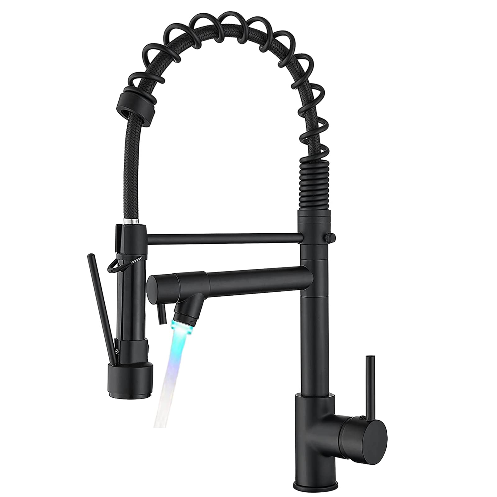 Besy 20 Inch Black Kitchen Faucet With Pull Down Sprayer, Dual Morden Commercial Rv Single Handle Single Hole Double Spout Led Spring Kitchen Sink Faucet With Pot Filler, Matte Black, Brass