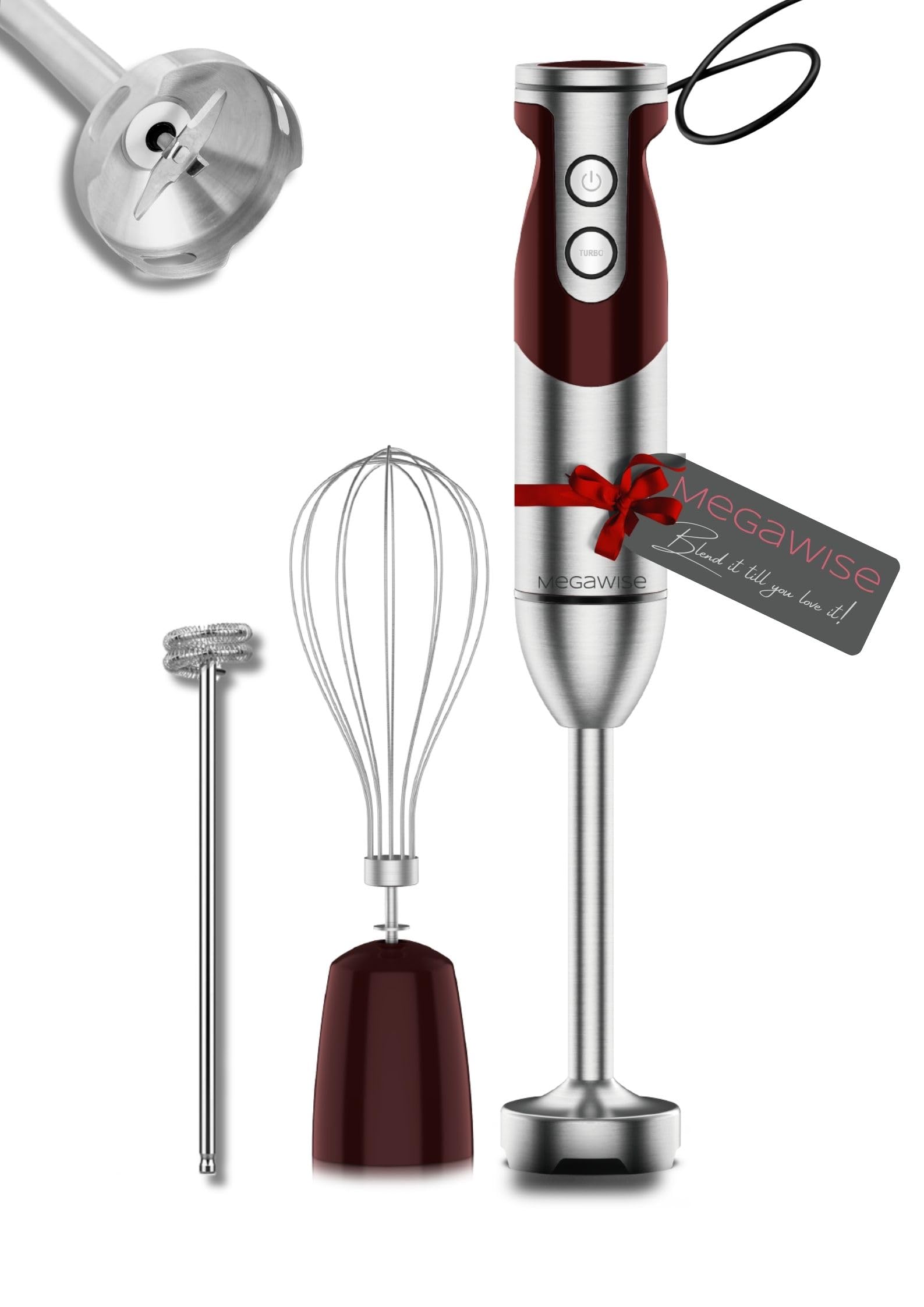 Megawise 3- In-1 Immersion Hand Blender, Powerful Motor & Stainless Steel Stick Blender, 4 Sharpe Blades With Whisk, Milk Frother Attachments