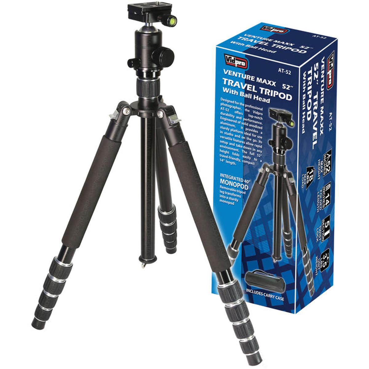 Vidpro At-52 Venturemaxx Professional 5-Section Aluminum Travel Tripod With Ball Head