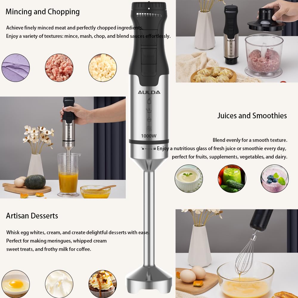 Aulonda 1000W 5-In-1 Immersion Hand Blender 20 Speeds, Stainless Steel Stick Blender With Mixing Beaker, Chopper Bowl, Milk Frother, Egg Whisk For Smoothie, Baby Food, Sauces Red,Puree, Soup