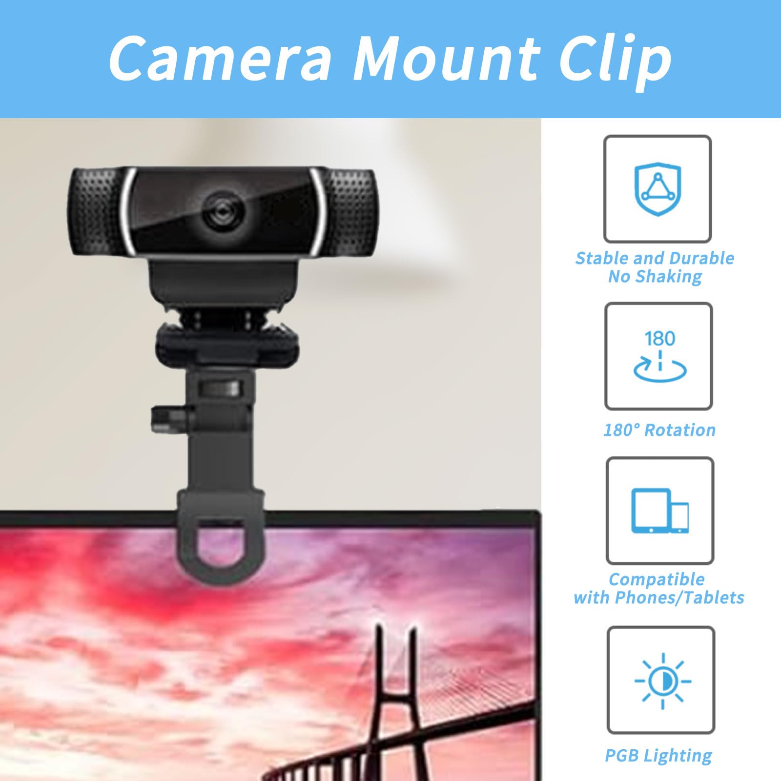 Yafiygi 2 Packs Monitor Clip Webcam Clamp Camera Mount Screen Lcd Display Top Hanger For Light Stand Phone Video Tripod Tablet Live Stream Universal 1/4 Screw Connector Holder(Black White)