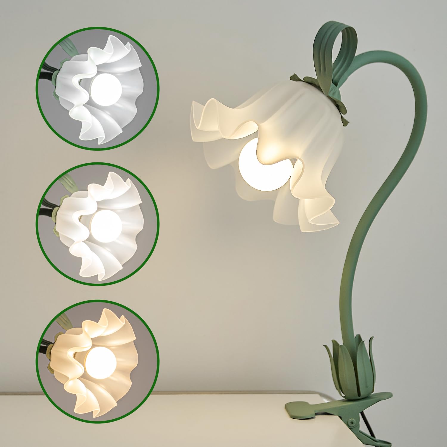 Werfop Flower Lamp Clip On Light, 3 Color Modes Eye-Caring Desk Lamp With Clamp For Bedside, Cute Gooseneck Reading Table Clamp Lamps For Home Office Bedroom Living Room (Green)