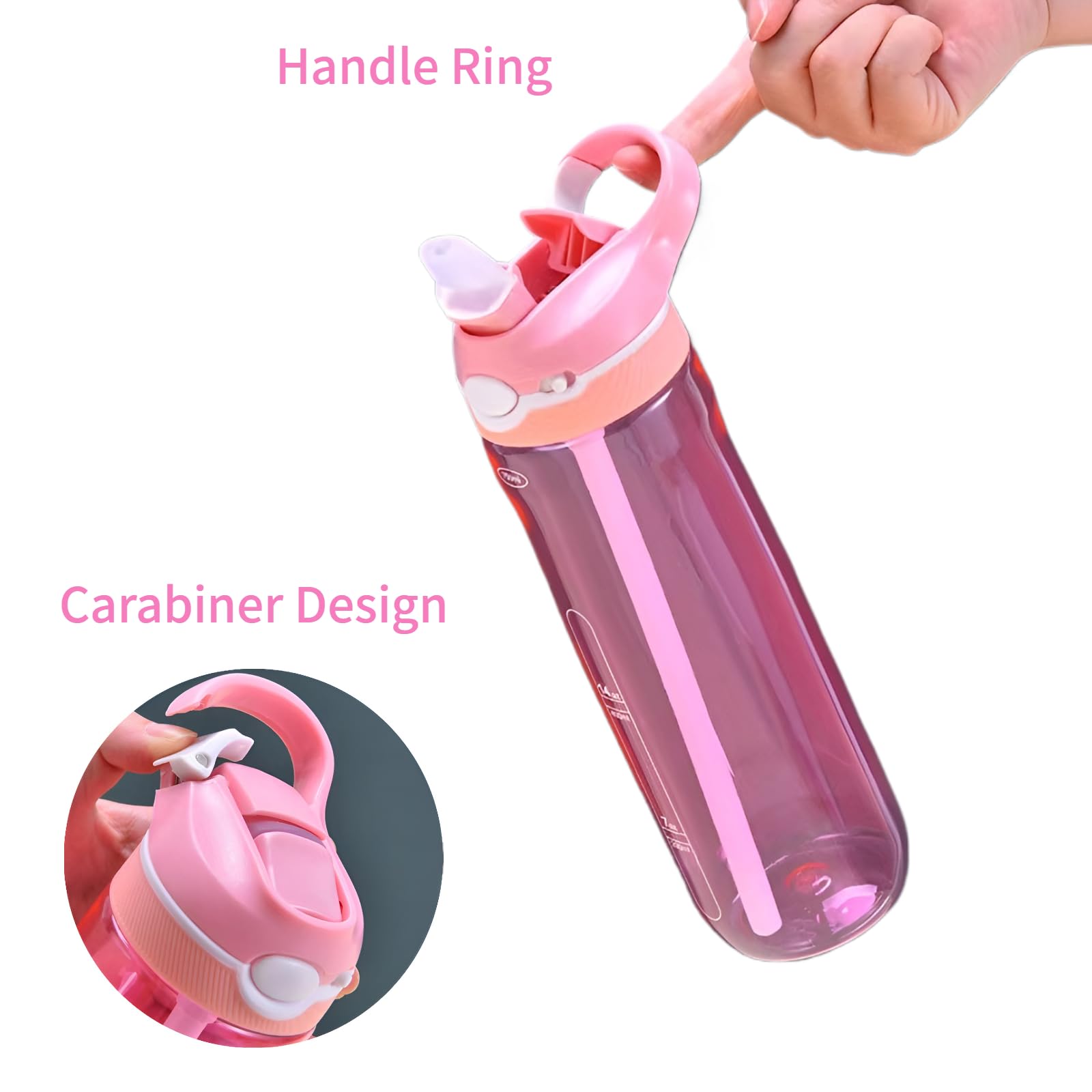 25Oz Pink Tritan Sports Water Bottle With Clip Handle, Locking Lid, Straw - Travel Plastic Bottle