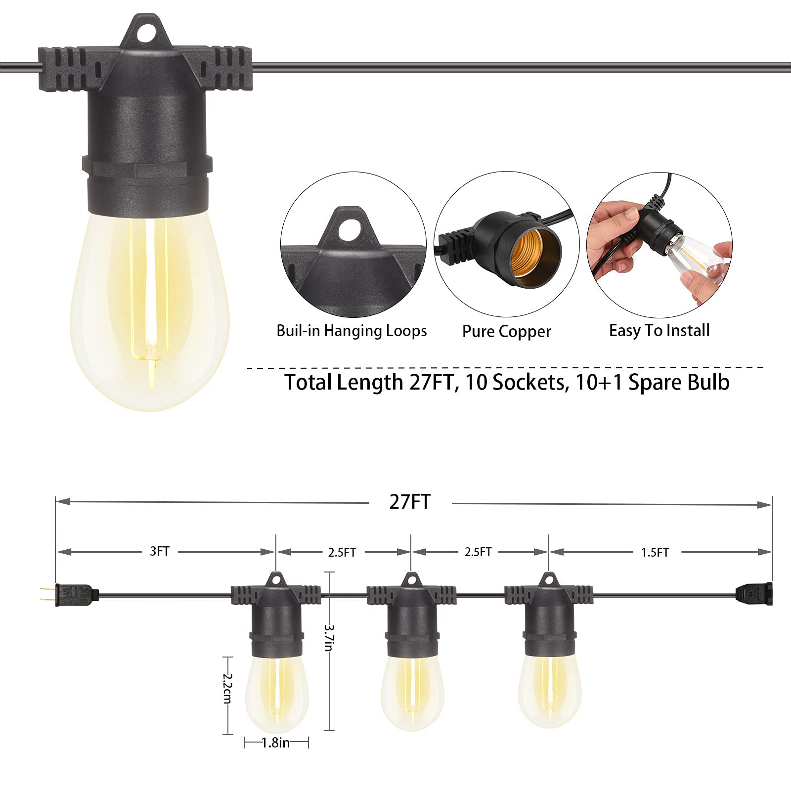Alitade 2 Pack X 27Ft Outdoor String Lights, S14 Led, Ip65 Waterproof, Connectable, Warm White, For Patio, Edison Vintage, 918Ft Maximum, Shatterproof
