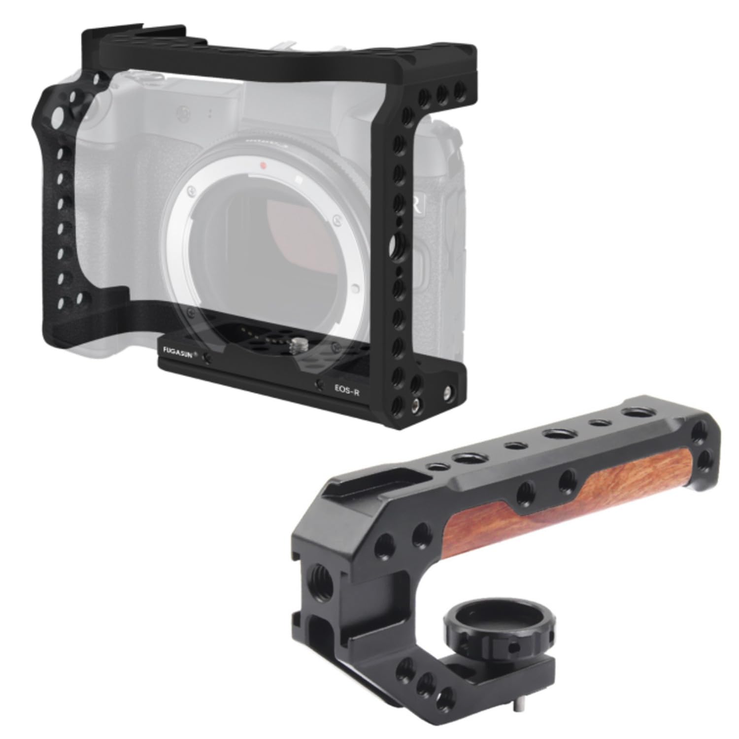 Fugasun Eos R Camera Cage, Eos R Cage With Wooden Camera Top Handle With 3 Cold Shoes To Mount Dslr Camera
