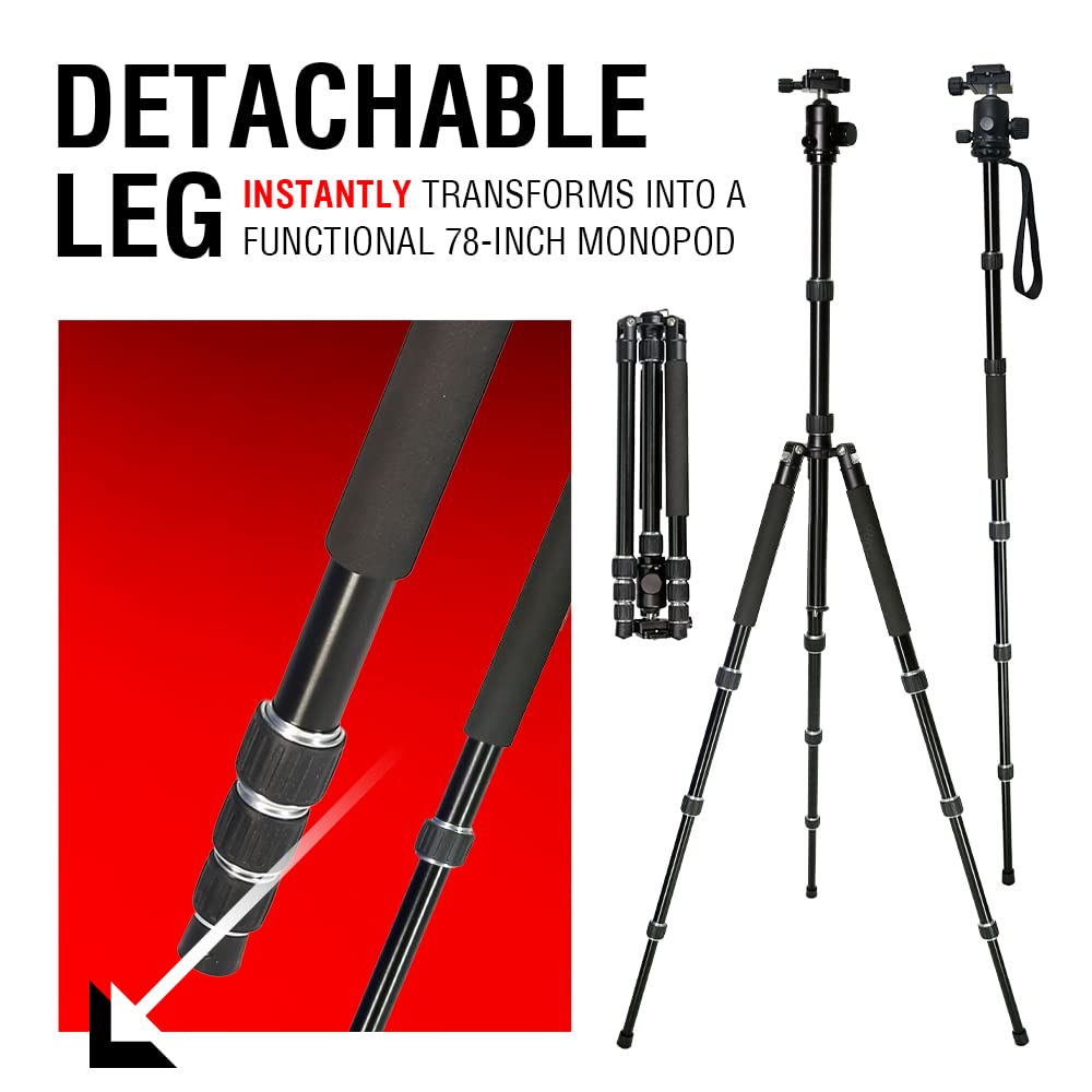 Vidpro Venturemaxx At-77 Professional 77-Inch Aluminum Travel Tripod And Monopod In One With Ball Head - Compact And Lightweight Complete Tripod Unit With Quick-Release Plate Comes With Carrying Case