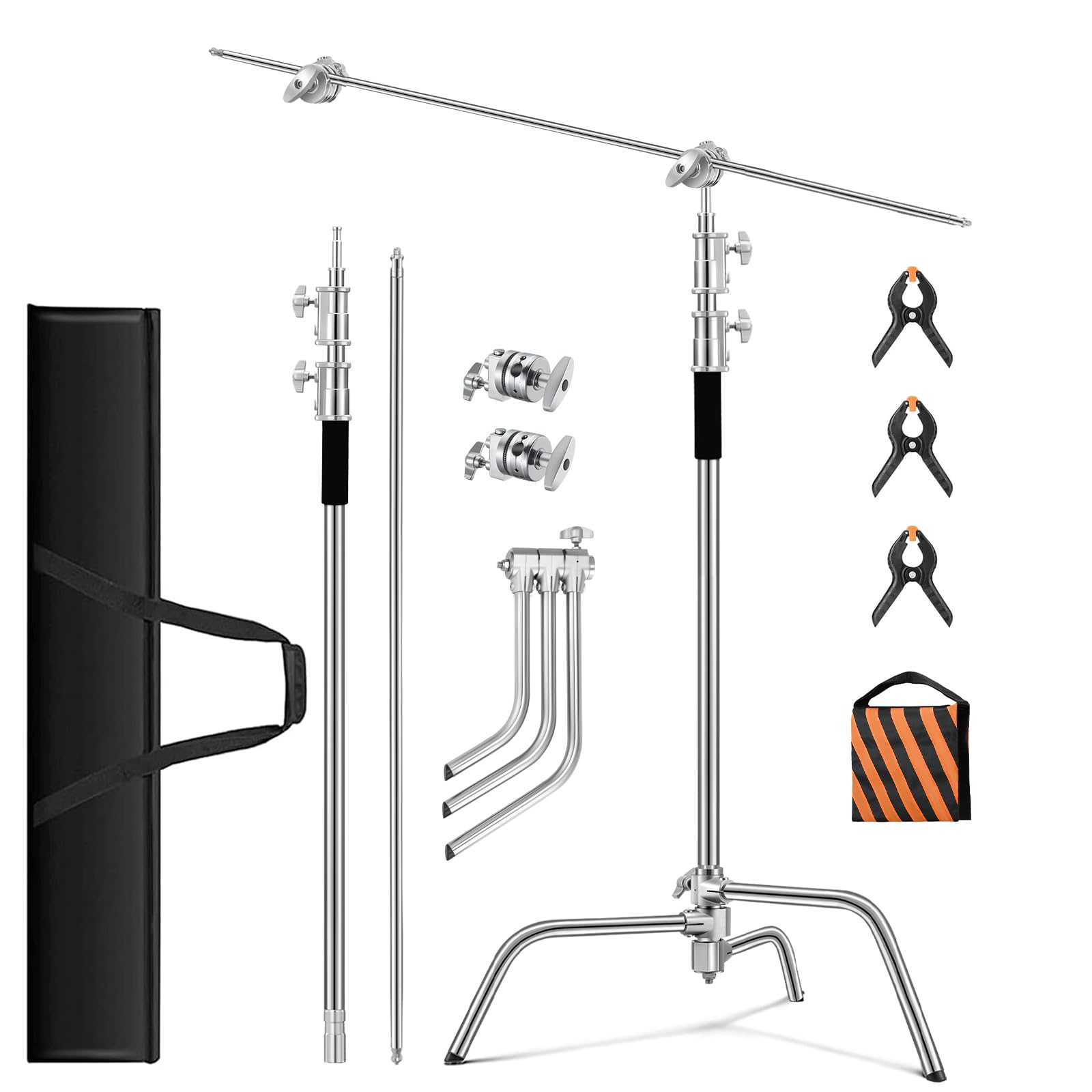 Soonpho Heavy Duty C Stand 10.8Ft/330Cm With Holding Arm Carry Bag Sandbag 3Clip 2Grip Head Stainless Steel Photography Light Stand C-Stand Sturdy For Photography Studio Video Monolight Softbox Shooting