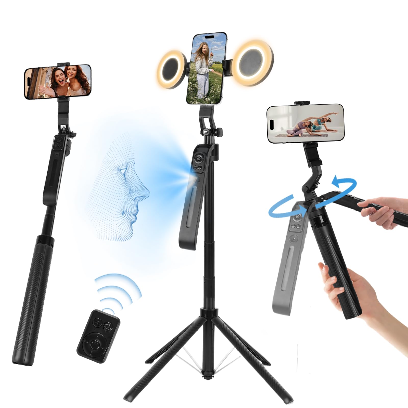 Bizisofon 70.9" Auto Face Tracking Tripod 360° Rotation With Stand & Light, Phone Camera Holder Stand With Remote & Gesture Control, Extendable Selfie Stick For Gopro/Travel/Vlog/Video/Tiktok/Live Streaming