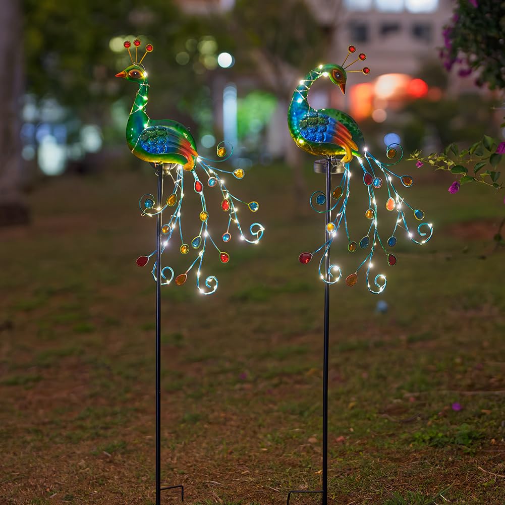 Vewogarden 2 Pack Solar Stake Lights Outdoor Waterproof Metal Peacock Solar Lights For Yard Garden Patio Pathway Walkway, Green