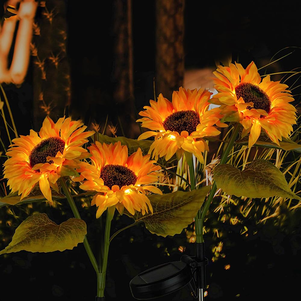 Guocheng Sunflower Solar Lights Outdoor Garden 2 Pack 4Flowers With Warm Led Light Solar Sunflower Stake Lights–Floral Outdoor Garden Decor For Patio Lawn Yard Pathway(Double)
