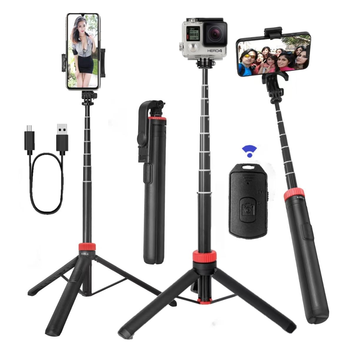 yihokj 66" Tripod For Iphone & Camera, Portable Phone Tripod With Rechargeable Remote Control And Rotate Phone Stand, Selfie Stick For Iphone/Gopro And Cameras (Red, 66 Inch)