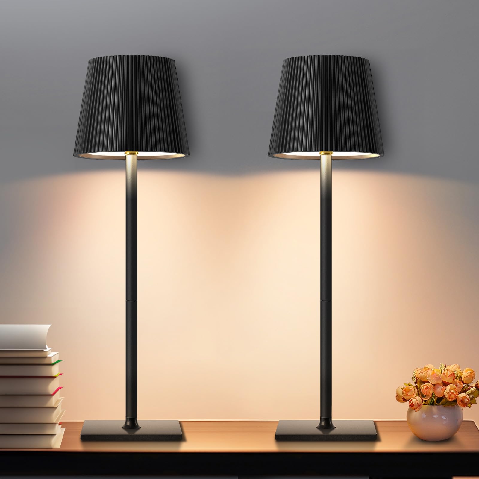 Riokko 2 Pack Black Cordless Table Lamps Portable Usb Rechargeable Desk Lamp 5200 Mah 3 Color Stepless Dimming Up Suitable For Restaurant/Bedroom/Cafe/Bar/Party