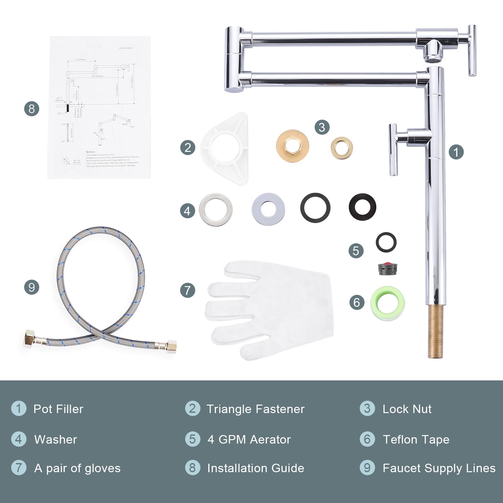 Aleasha Pot Filler Faucet For Kitchen Sink, Deck Mount Pot Faucets Over Stove, Solid Brass Folding Pot Filler Faucet, Chrome Kitchen Pot Faucet With Double Joint Swing Arms