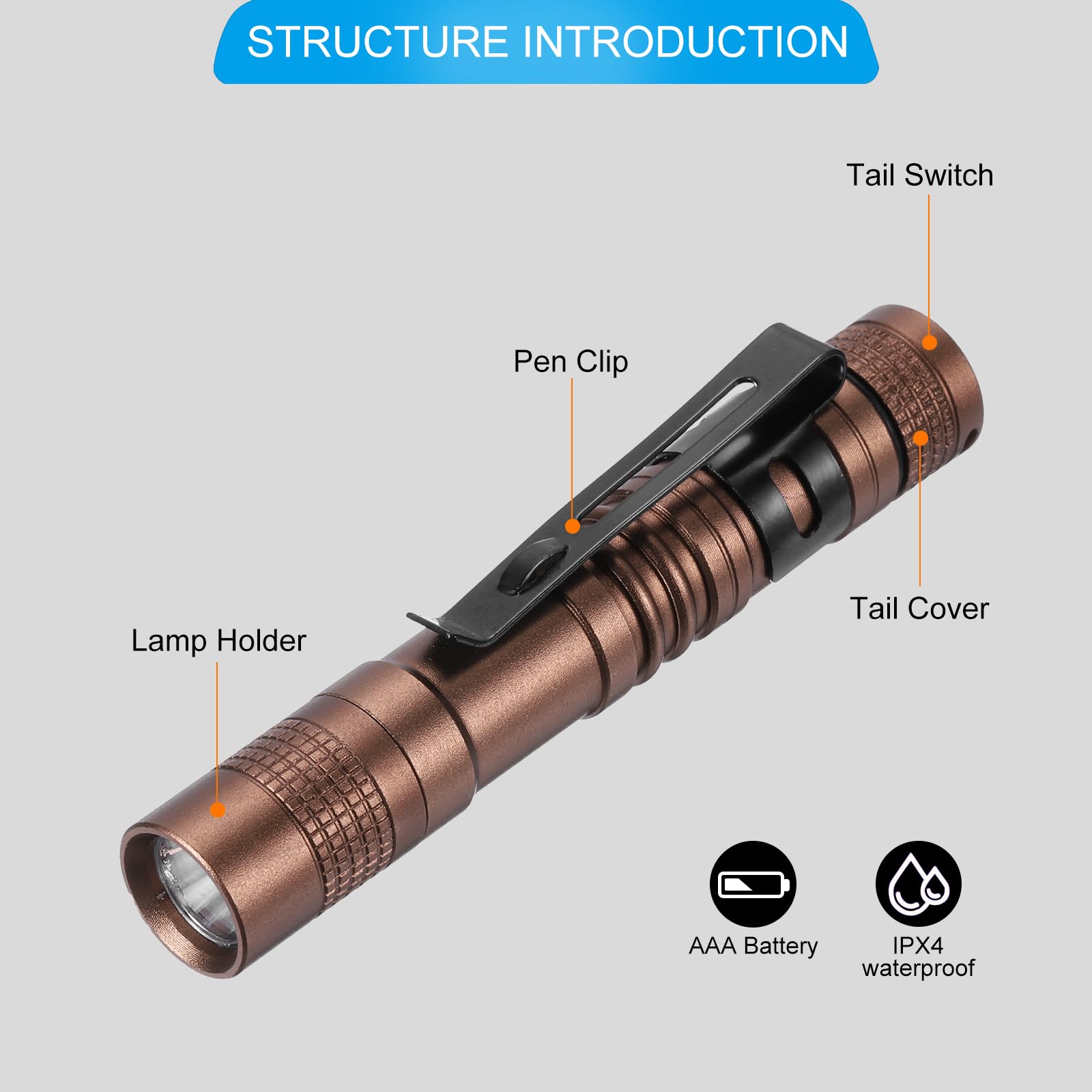Patikil Mini Flashlight With Clip, Super Light Small Led Pen Flashlights Aluminum White Light Torch Battery Powered For Camping Hiking, Brown