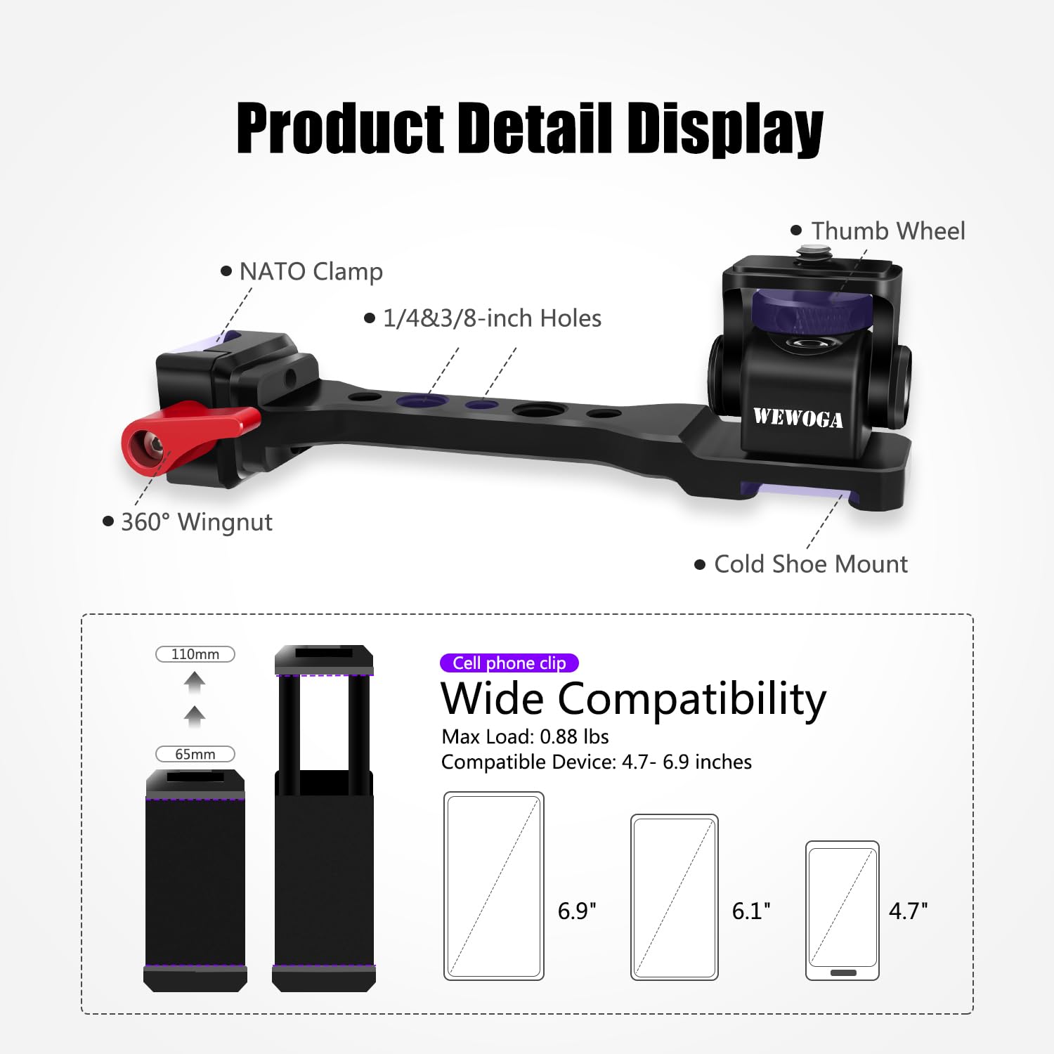 Wewoga Rs4 Phone Holder Aluminum Alloy Extension Handle Rs3 Monitor Mount W Phone Mount 1/4" Cold Shoe Compatible For Dji Ronin S4/Rs4 Pro/Rs3/Rs3 Pro/Ronin S3 Mini/Ronin Rs2/Rsc2 Gimbal Stabilizer