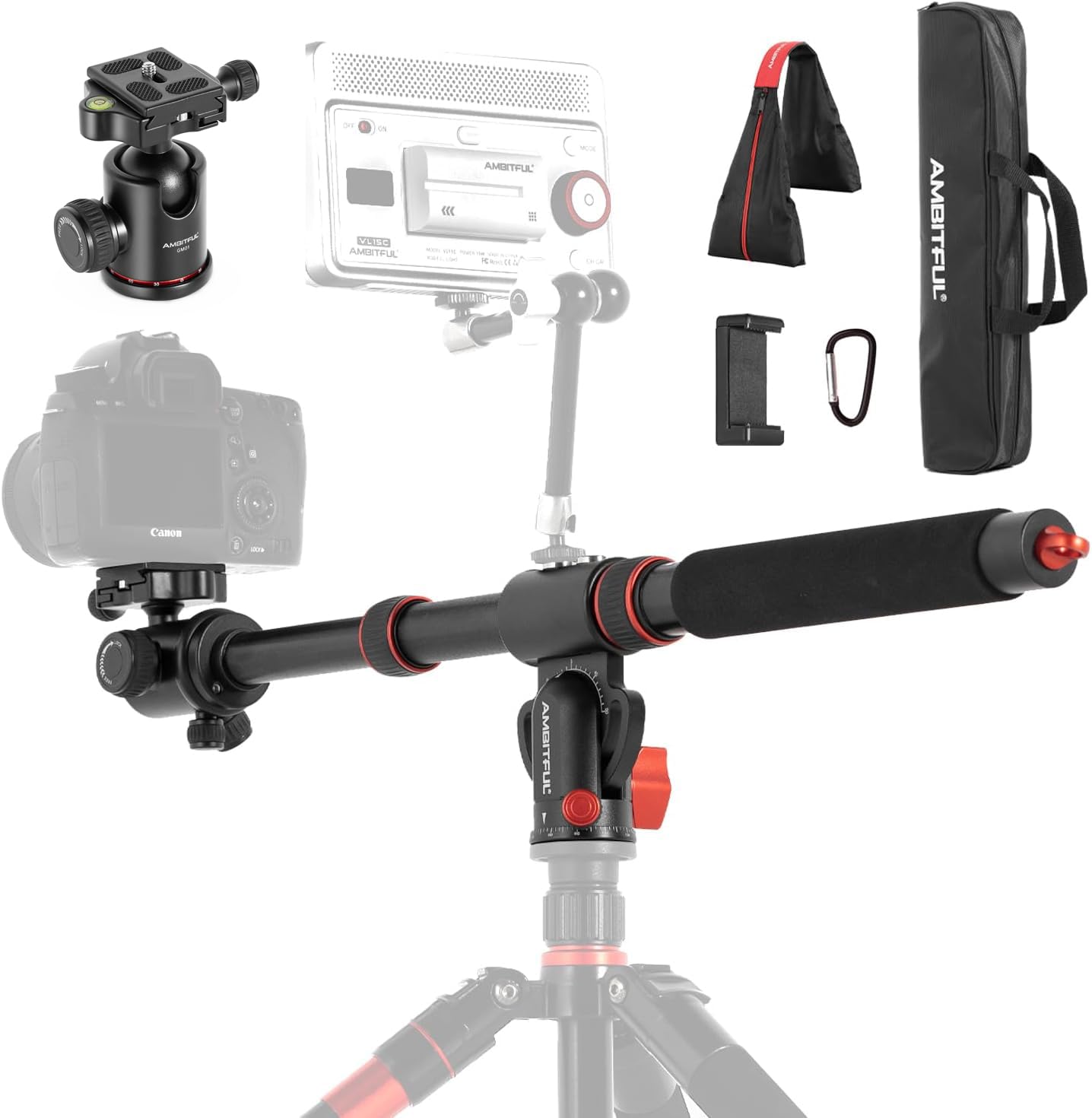 Ambitful Tripod Extension Arm With Ball Head,42" Retractable Horizontal Center Column Tripod Boom Arm,360° Rotatable With Sandbag For Overhead,Multi-Angle Photography,Max Load 22Lbs