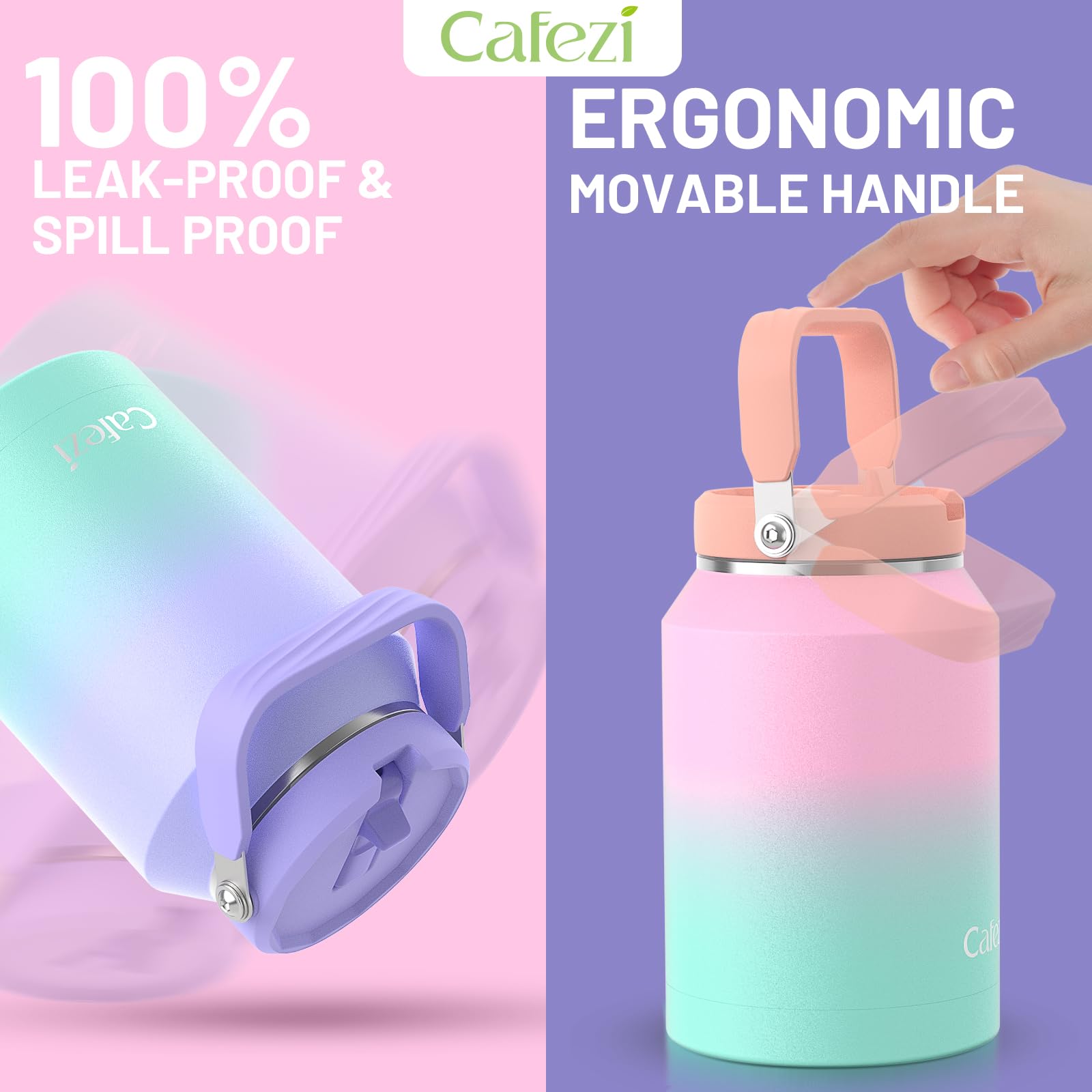 Water Bottle 64 Oz, Stainless Steel Water Bottles With Flip Straw And Top Handle, Leak Proof Flip