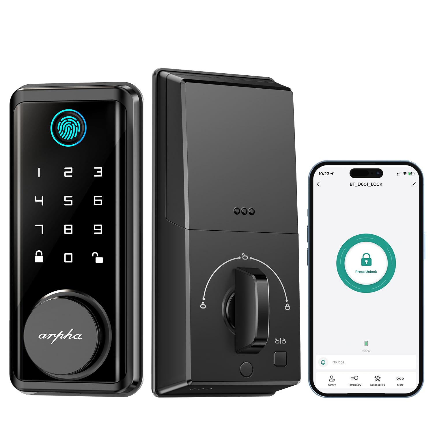 Arpha Fingerprint Door Lock • Keyless Entry Door Lock Deadbolt • Multiple Entry Methods – App • Fingerprint Touch Id • Keypad Code • Traditional Key • Auto-Lock • Ip54 Waterproof • Easy To Install, Black