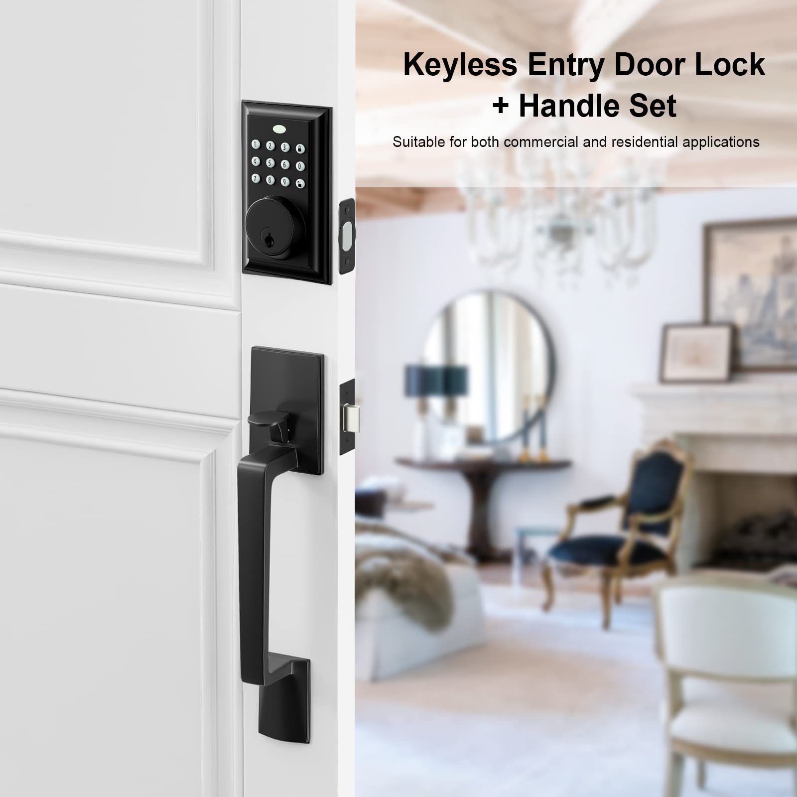 Neutype Keypad Deadbolt Electronic Keyless Entry Door Lock With Handle, Matte Black, 50 User Codes, Auto Lock, 1-Touch Locking, Easy Installation