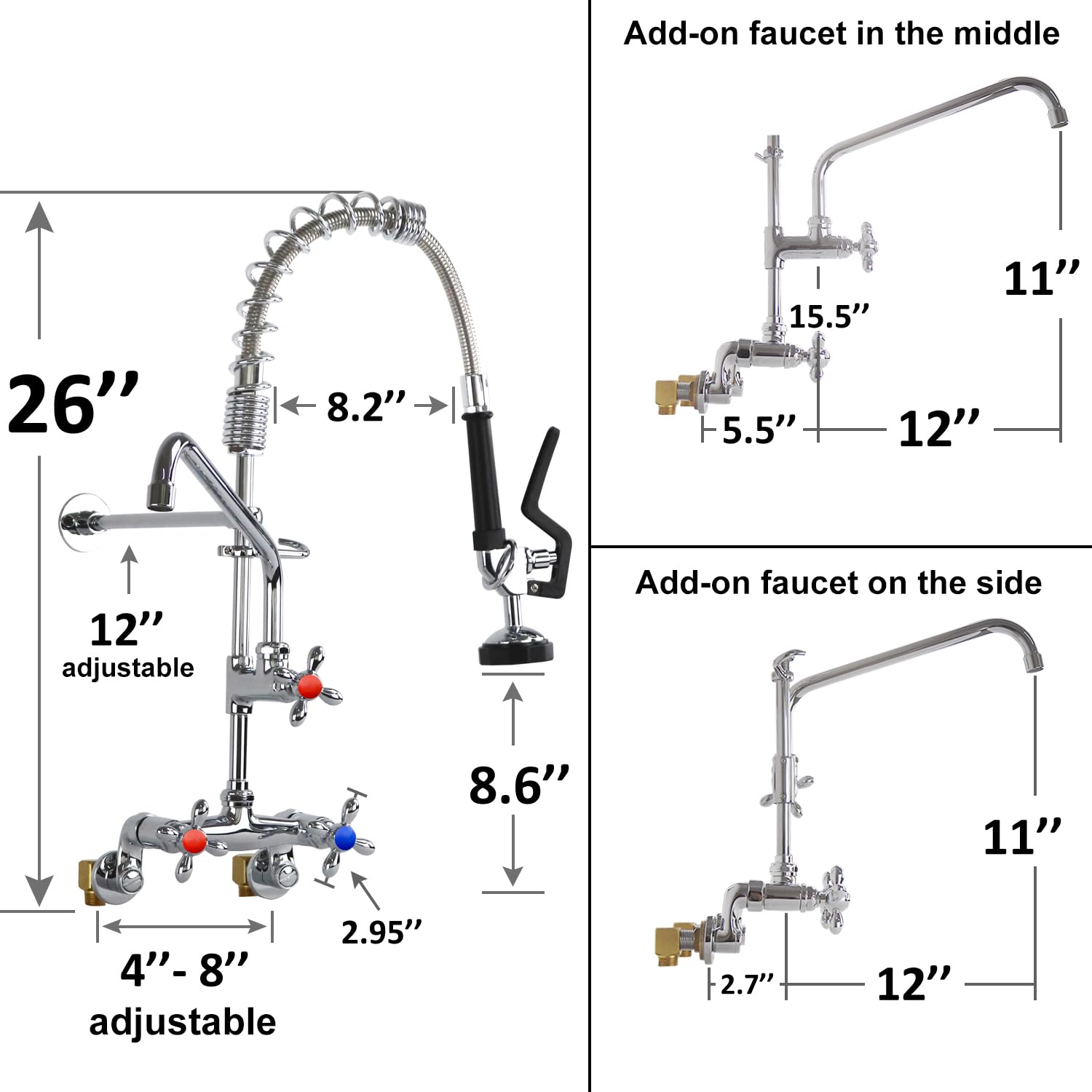 Yoogyy Commercial Kitchen Sink Faucet With Pre-Rinse Sprayer Commercial Wall Mounted Faucets For Kitchen 4'' To 8'' Adjustable Center 26'' Height Restaurant Faucet With 12’’ Add-On Swing Spout