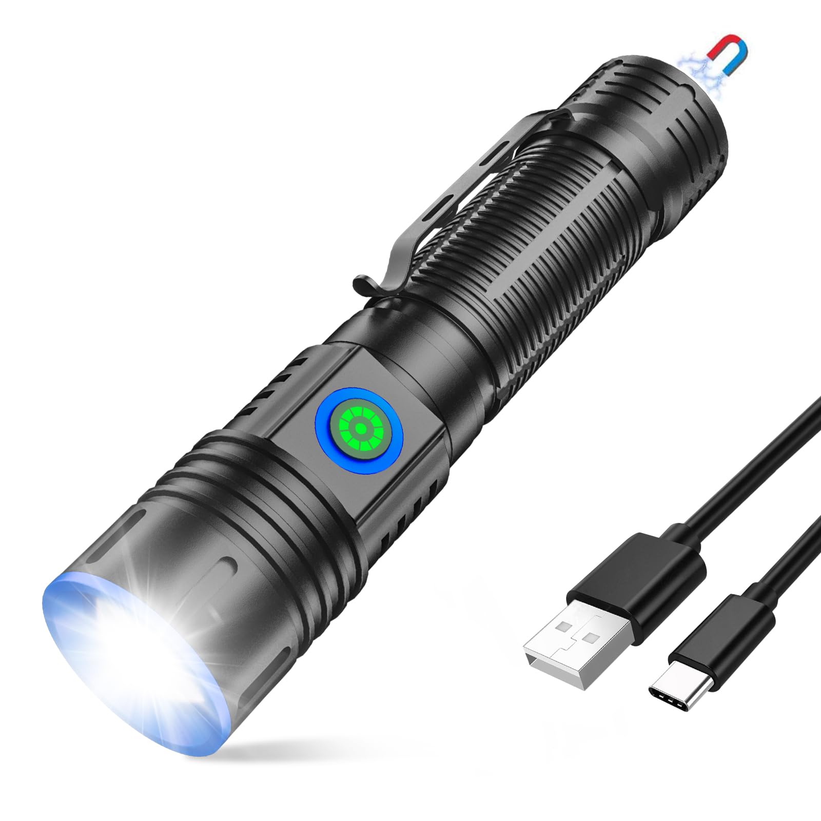 Wssbond Small Flashlights 20000 High Lumens - Led Rechargeable Flashlight 1500 Meter Long Beam Magnetic Flashlight Zoomable Waterproof For Home Emergency Search Tactical Spotlight Flash Light