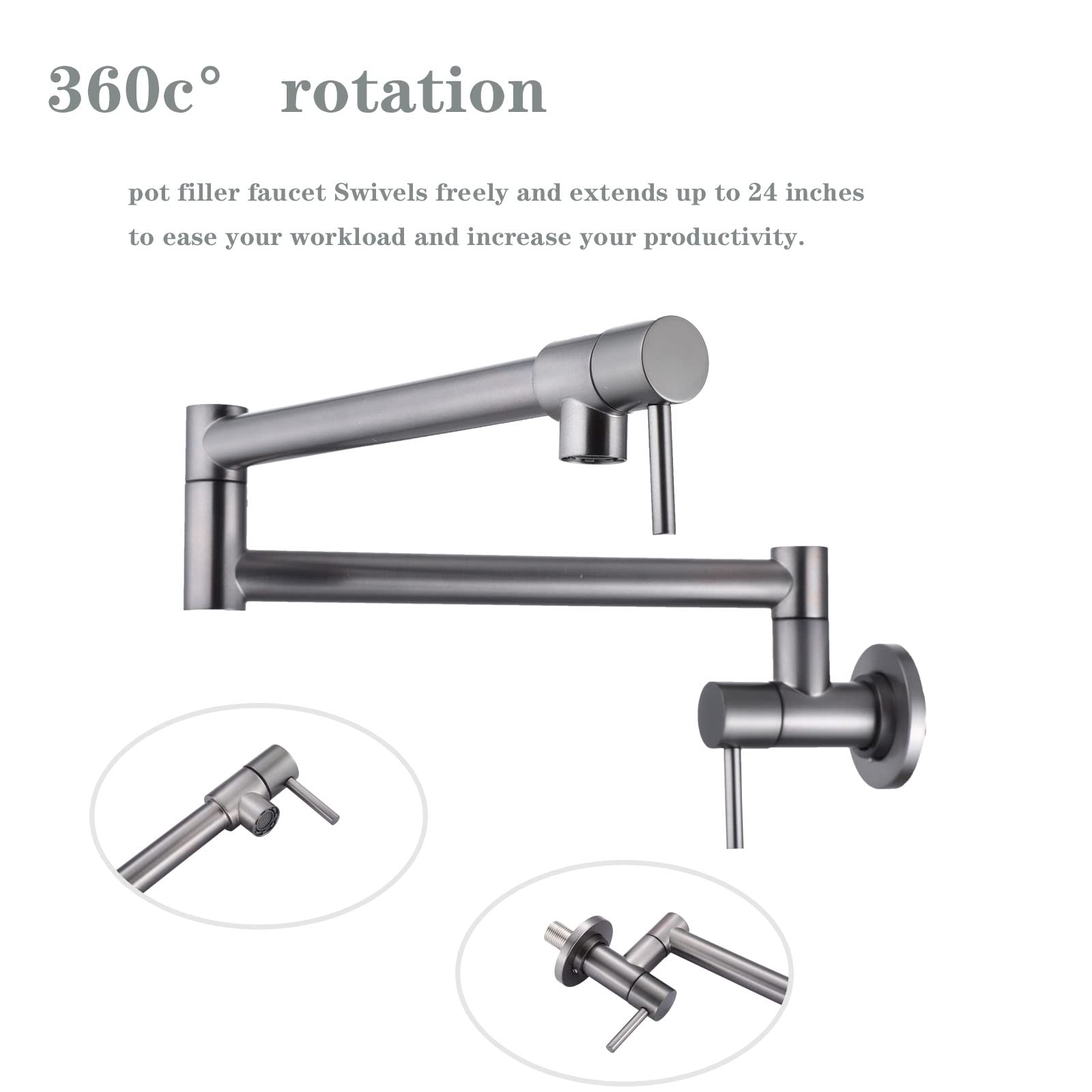 Homhii Wall Mount Pot Filler Faucet,Folding Stretchable Kitchen Faucet With Double Joint Swing Arm Brushed Nickel Pot Filler,Stainless Steel Delta Pot Filler Faucet (Grey)