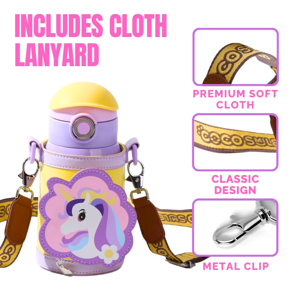 Unicorn Drinking Kids Insulated Water Bottle - Easy Open Button & Carrying Lanyard With Zipper