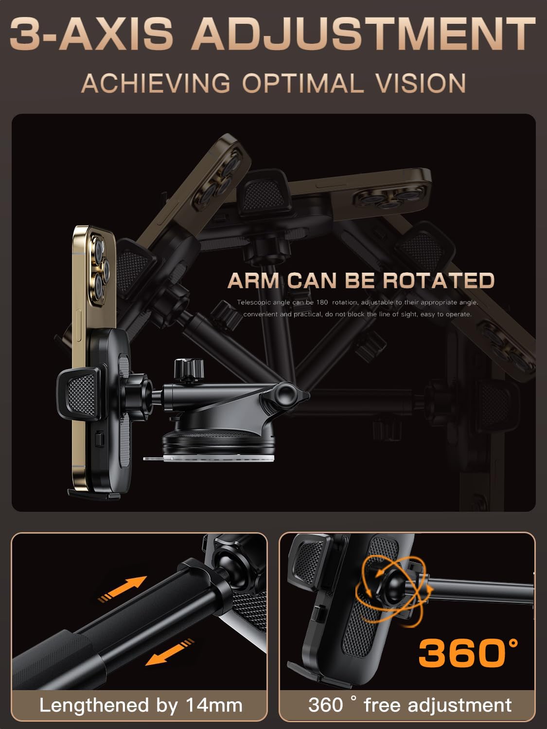 Topmake Car Phone Holder Mount,【 】 3-In-1 Cell Phone Holder For Car, Dashboard Windshield, Suction Cup Hands- Car Phone Stand, Automobile Cradles Universal,Black