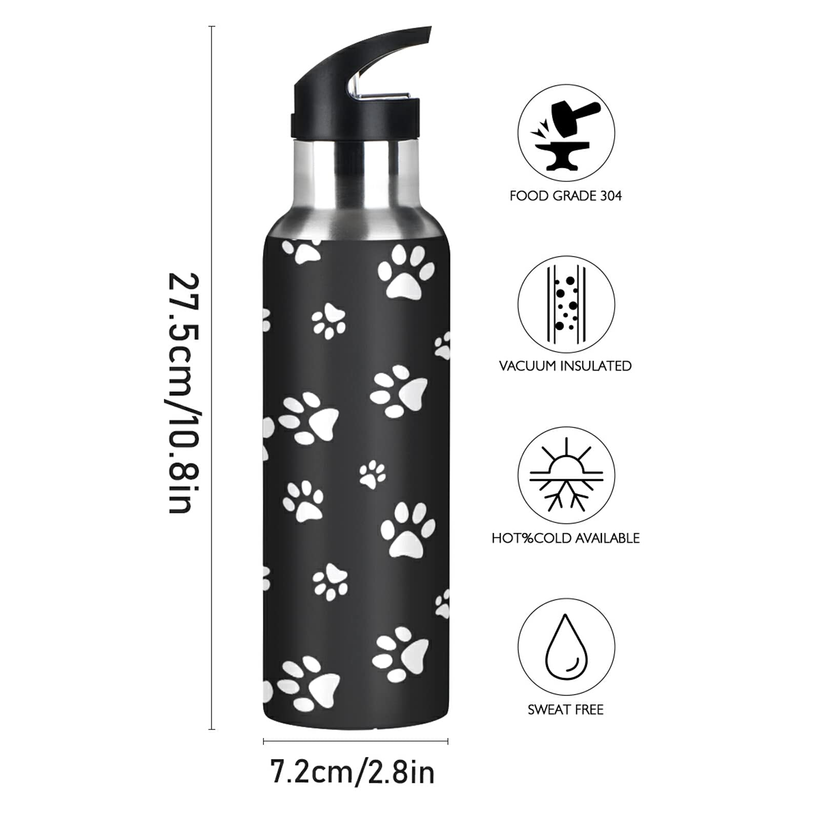 Auuxva Sports Water Bottles Dog Paw Print Black White Vacuum Insulated Stainless Steel Water Bottle