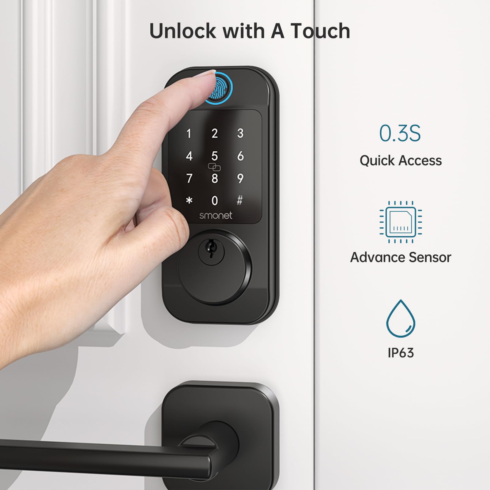 Smonet Keyless Door Lock With Handle Set - Wifi Fingerprint Smart Locks For Front Door, App Remote Control, Digital Bluetooth Keypad Deadbolt Set With Alexa, Auto Lock, Code, Fobs For Home Black