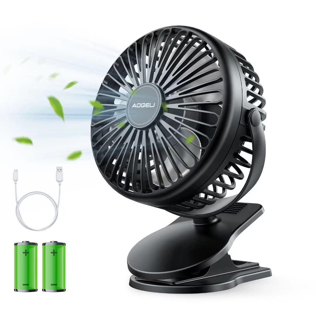 Aogeli mini portable fan with clip-on design, 3 speeds, 5000mAh rechargeable battery, ideal for bedside cooling