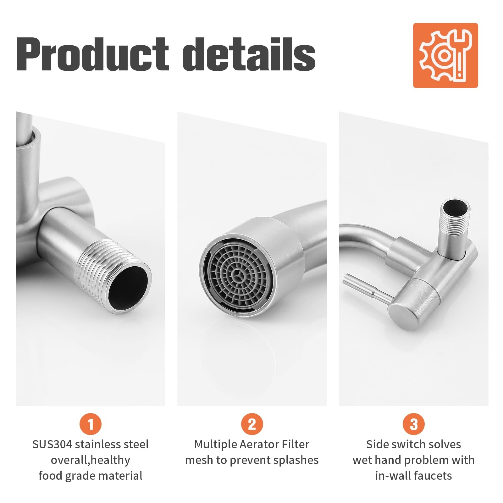 Totalize Wall Mount Faucet Cold Only,G1/2 Inch Cold Kitchen Utility Sink Faucet Sus304 Stainless For Commercial Laundry Sink Brushed Nickel