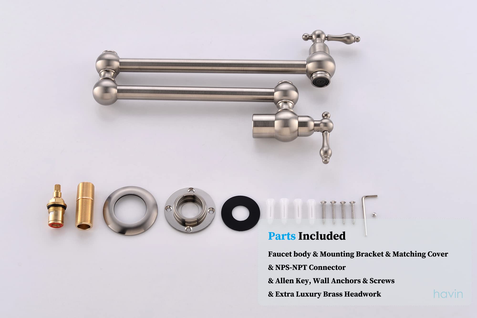 Havin Brass Pot Filler,Wall Mount Commercial,Copper Material Kitchen Folding Faucet,Coffee Machine Faucet With Stretchable Double Joint Swing Arms,Brushed Nickel