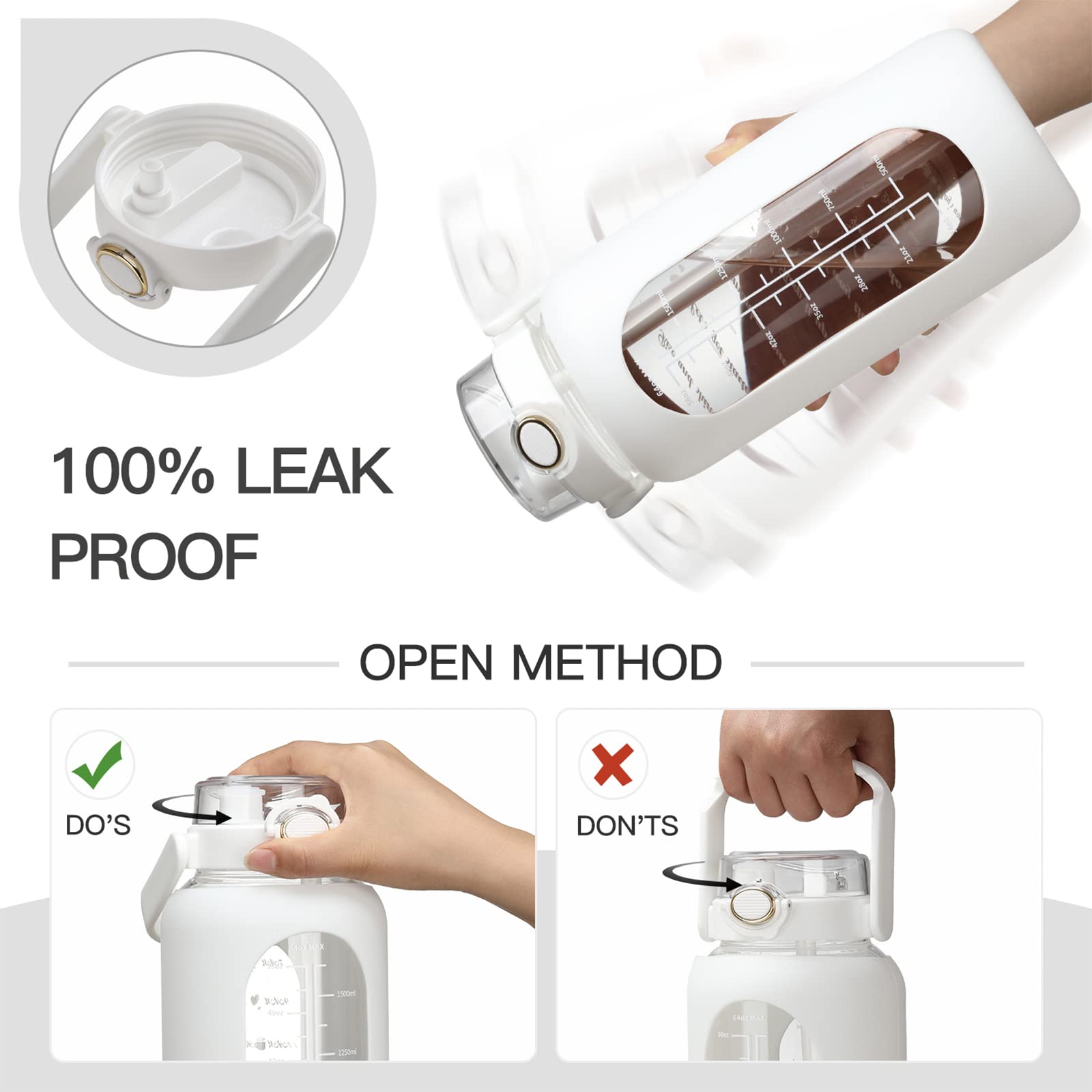 64Oz Glass Water Bolttles With Straw Half Gallon Large Motivational Water Bottle With Time Marker