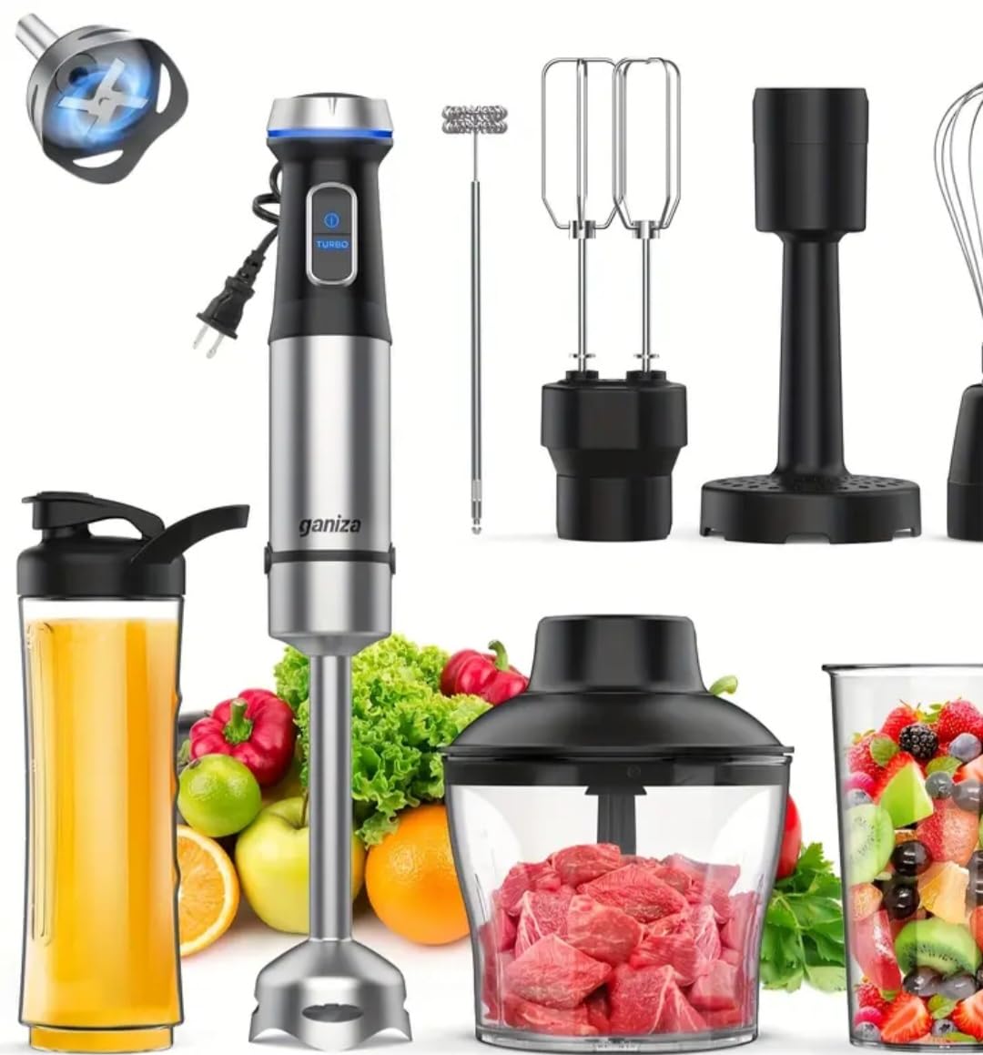 Uniqus 8-In-1 Immersion Hand Blender Set, Electric Food Processor With Chopper, Whisk, Smoothie Cup, Stainless Steel