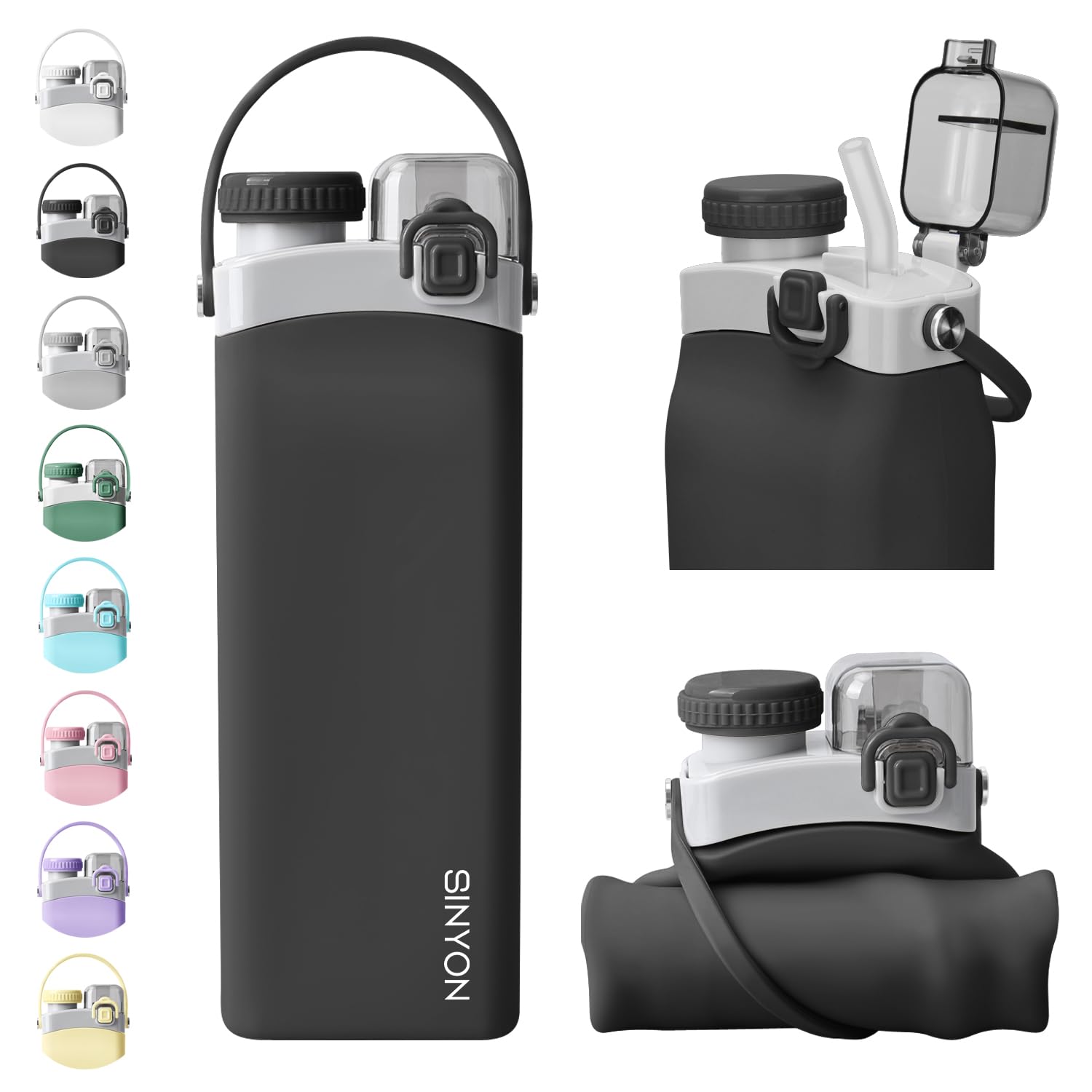 Collapsible Water Bottles, 20Oz Silicone Reusable Water Bottle With Straw And Strap, Leakproof Fold