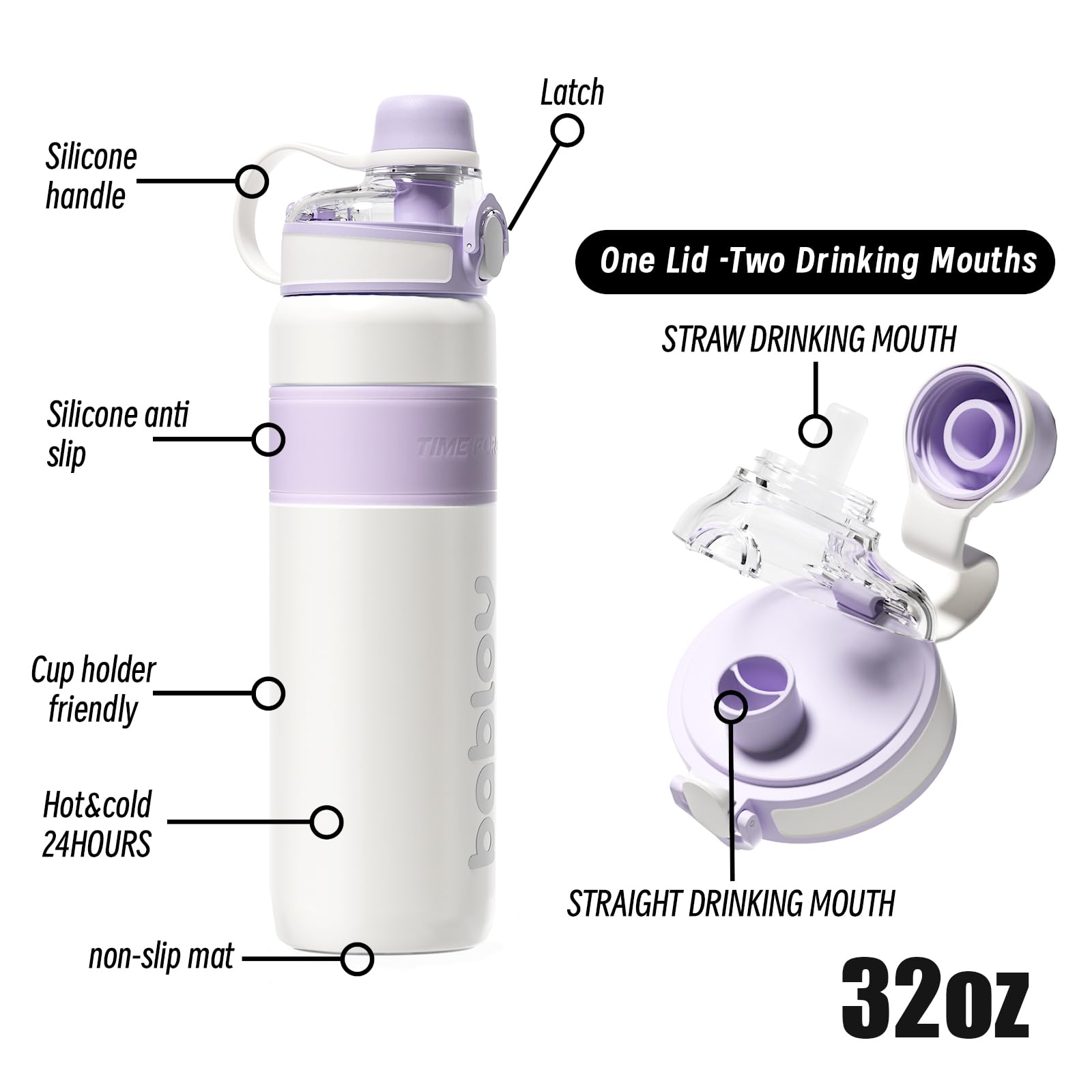 Bablov Insulated Stainless Steel Water Bottle With Straw For Sports And Travel Purple,32Oz