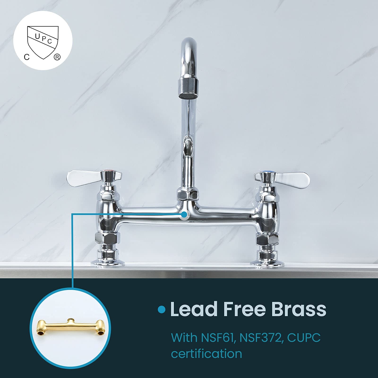 Favorpo Deck Mount Commercial Sink Faucet 8 Inch Center With 12 Inch Swviel Spout Kitchen Faucet For Restaurants Laundry Room Utility Sink 2 Handle 2 Holes Brass Structure