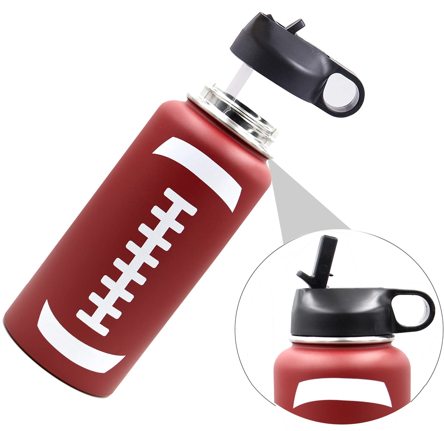Football Water Bottle, Wide Mouth Metal Thermo Flask With 2 Lids, Stainless Steel Travel Tumbler