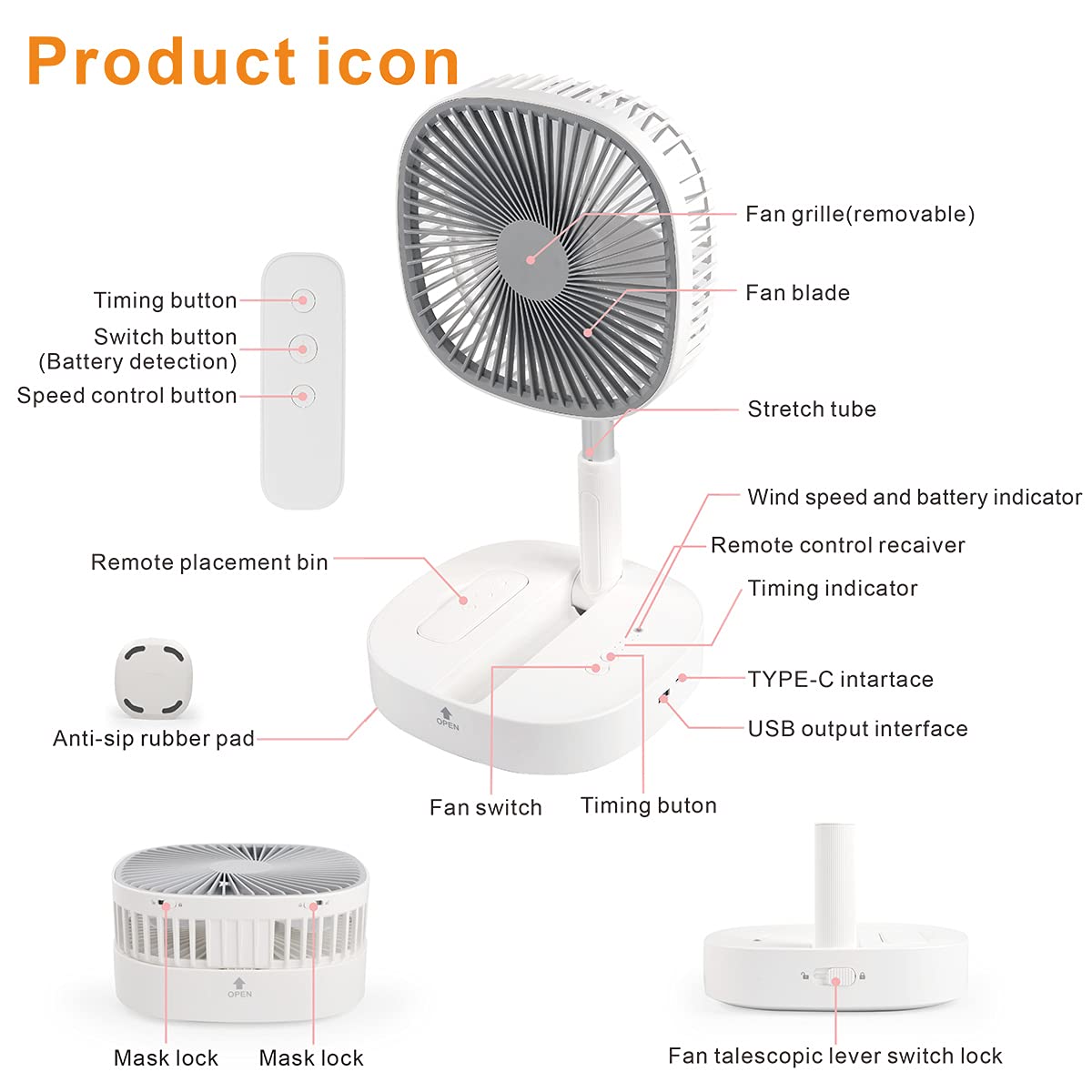 Portable Pedestal Fan - Foldaway Standing Fan Foldable Desk Fan, Use 7200Mah Rechargeable Battery