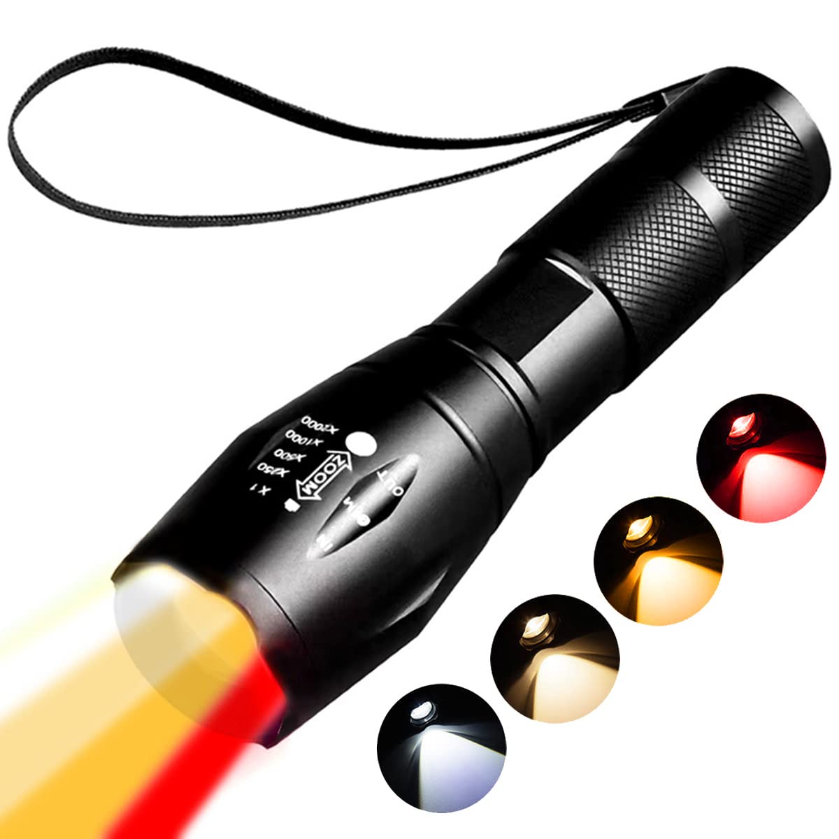 Yzyoe Red Light Tactical Flashlight, 4 In 1 White, Yellow, Amber, Red Light, Rechargeable, 1800K Warm Light For Eye Care, Hunting, Hiking, Wildlife Observation