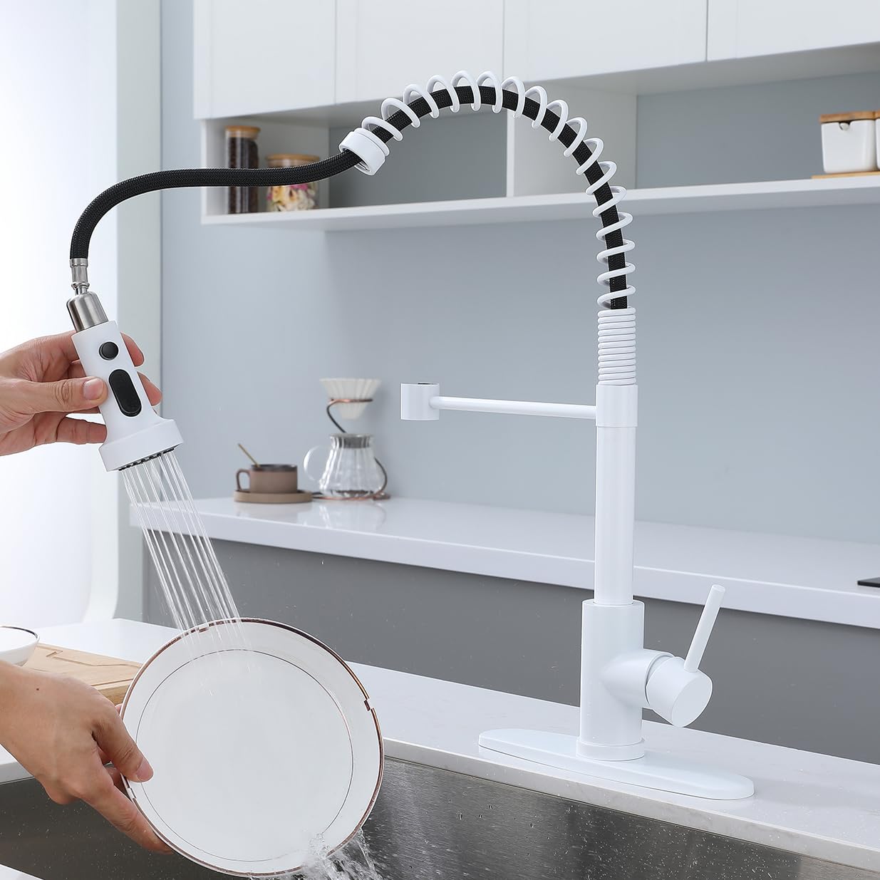 Gulica White Kitchen Faucet, Commerical Kitchen Faucet With Pull Out Sprayer And Deck Plate, Pre-Rinse, 360 Swivel High Arc Spring