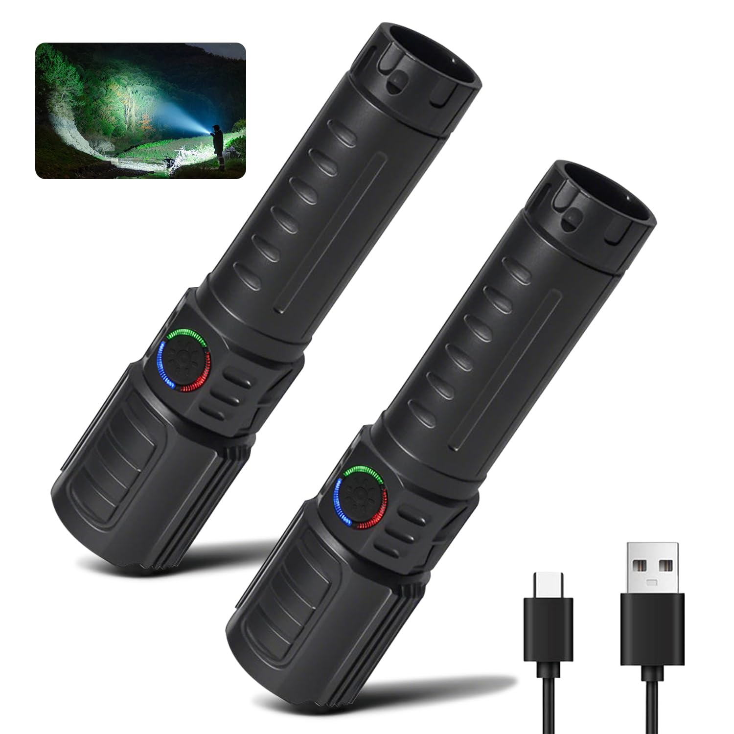 Puyinii Utility Flashlights Torch High Lumens Rechargeable, 3 Modes Led Waterproof Zoomable Linternas Handheld Small Flashlight, Adjustable Brightness Flash Light For Hurricane/Home/Emergency (2 Pack)