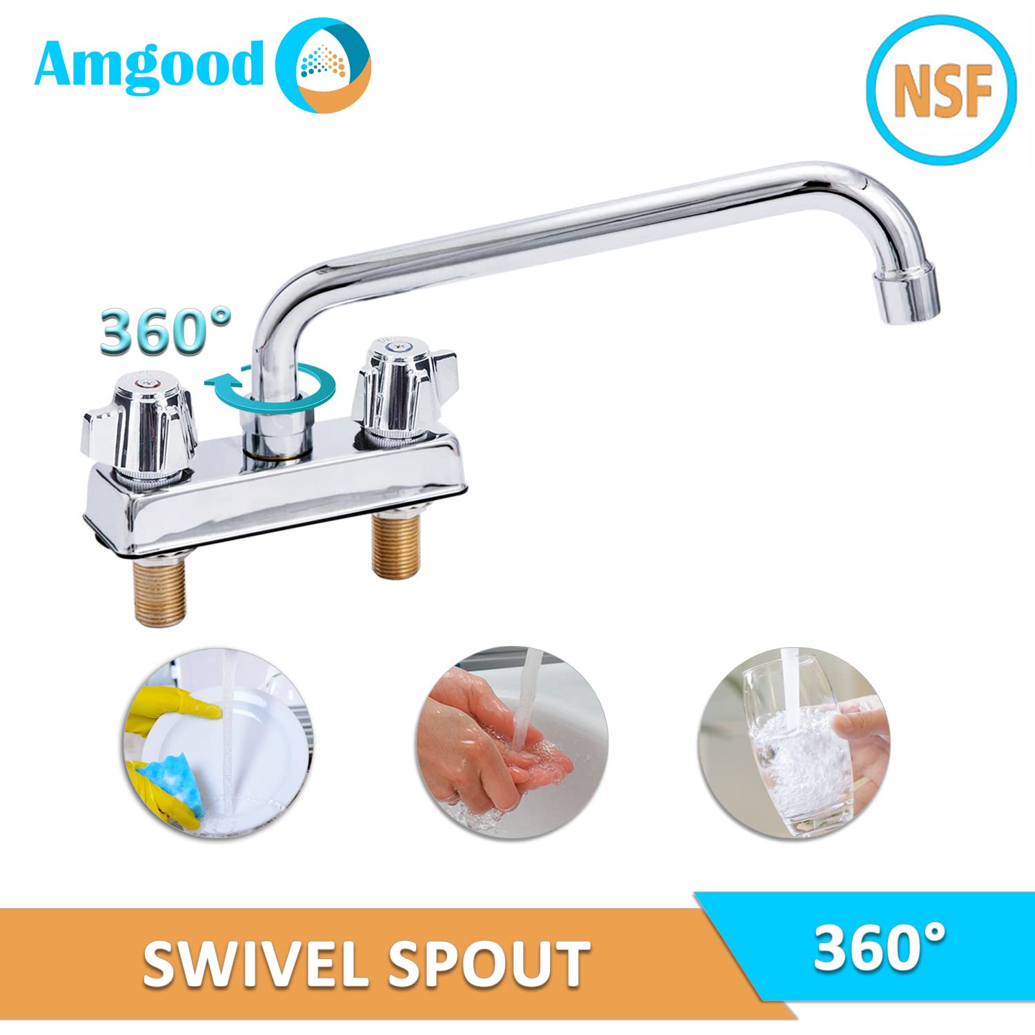 Amgood Deck Mount Kitchen Sink Faucet  12" Swivel Spout  4" Center  Nsf  Commercial Kitchen Utility Laundry
