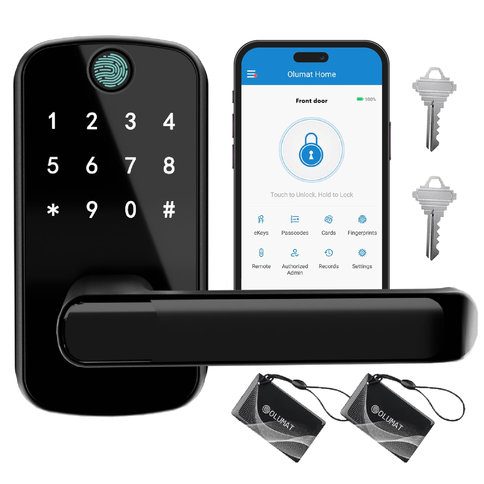 Olumat Keyless Entry Door Lock With Handle: Smart Lock With Fingerprint - Keypad Lock With App Control - For Front Door, Garage, Home, Office, Rental