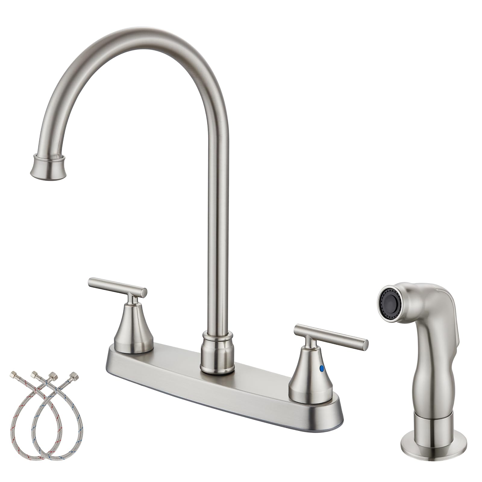 Cinwiny 2 Handle Kitchen Faucets Deck Mounted 3 Hole 8 Inch Rv Kitchen Sink Faucet High Arc 360° Rotating Spout Mixer Tap, Brushed Nickel, With Side Sprayer