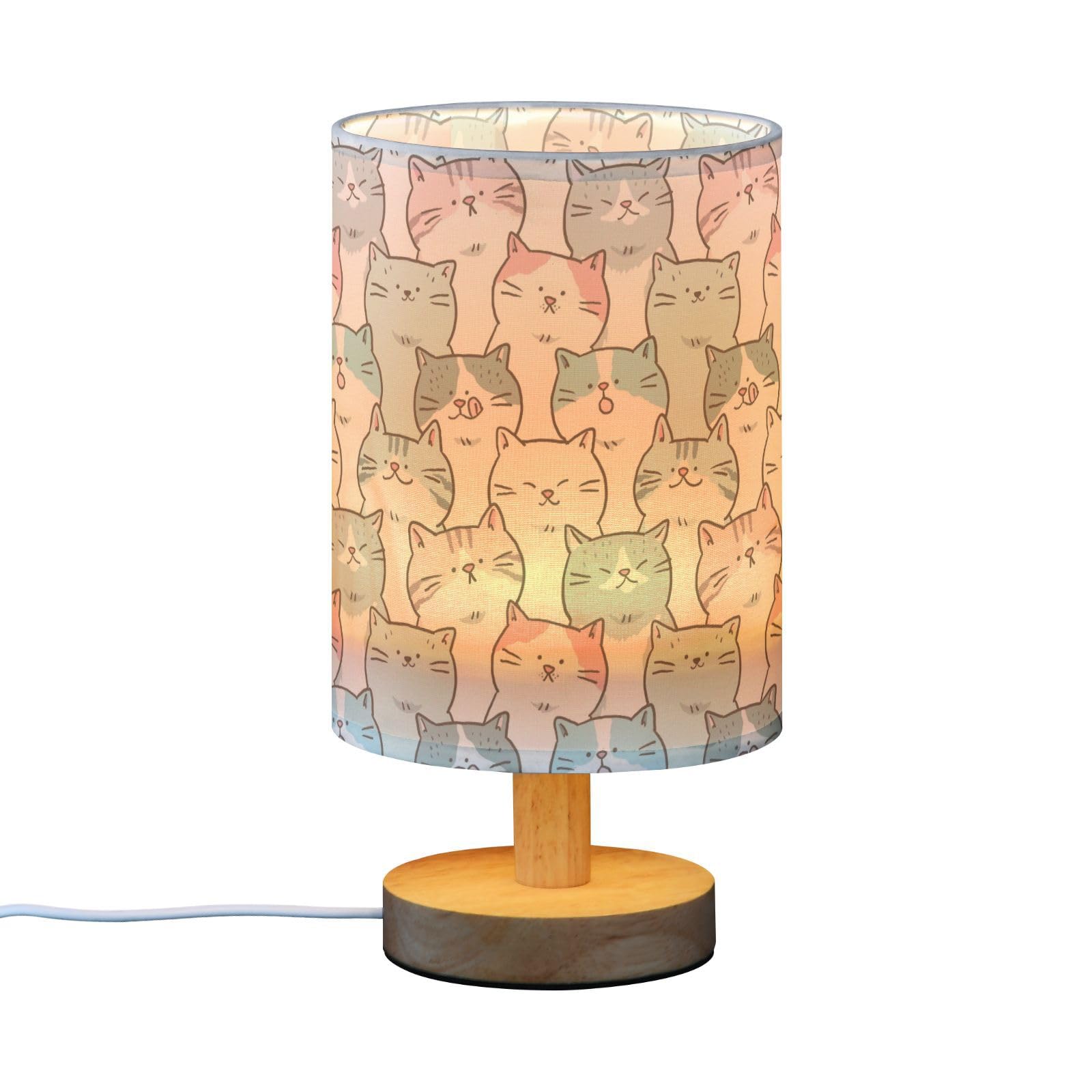 Bseiialft Funny Cats Animal Bedside Table Lamp Nightstand Lamp With Wood Base Night Light Linen Fabric Shade For Bedroom Living Room Nursery Office Desk