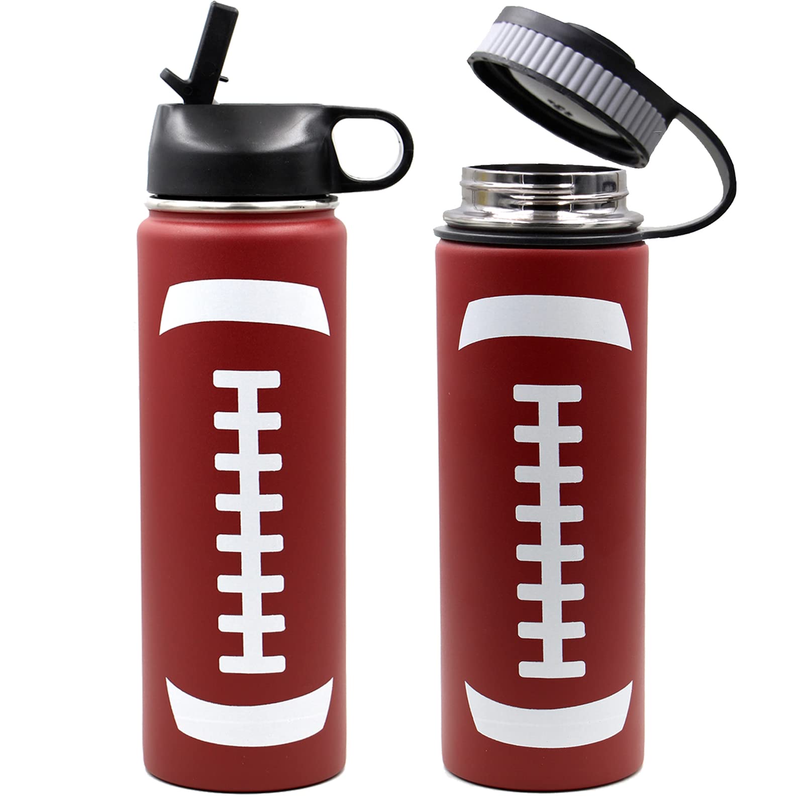 Football Water Bottle, Stainless Steel Thermo Flask With 2 Lids,- Double Wall Vacuum Leak